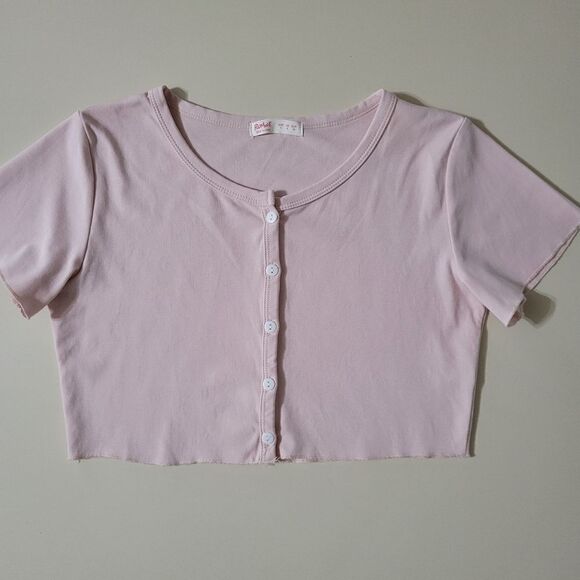 Romwe Pink Cropped Roundneck Short Sleeve Button-Down Shirt - Picture 1 of 10